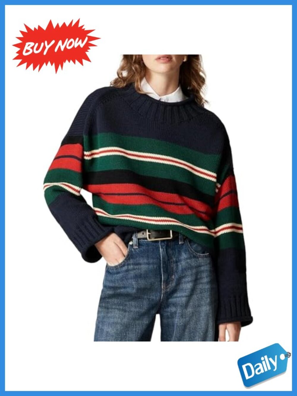 Oversized Roll Neck Striped Knit Pullover Sweater Casual Top